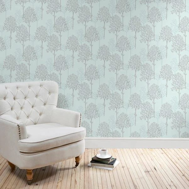 Dunelm Spriggy Trees Duck Egg Wallpaper