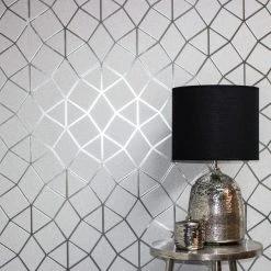 Fine Décor Wallpaper Platinum Geo Trellis Silver Vinyl Wallpaper