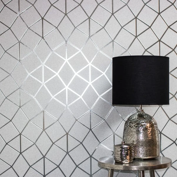 Fine Décor Wallpaper Platinum Geo Trellis Silver Vinyl Wallpaper
