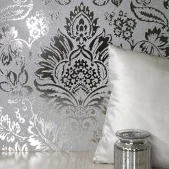 Fine Décor Wallpaper Platinum Damask Silver Vinyl Wallpaper