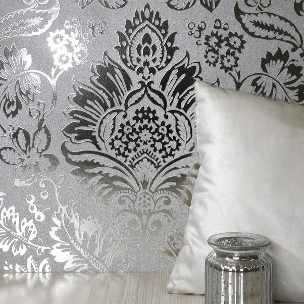 Fine Décor Wallpaper Platinum Damask Silver Vinyl Wallpaper