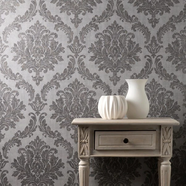 Crown Wallpaper Tulsa Damask Charcoal Vinyl Wallpaper
