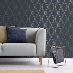 Platinum Rosco Foil Wave Navy Wallpaper