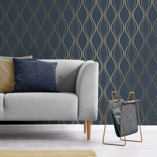 Platinum Rosco Foil Wave Navy Wallpaper