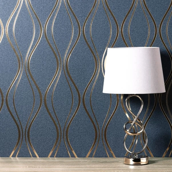 Platinum Rosco Foil Wave Navy Wallpaper - Image 2