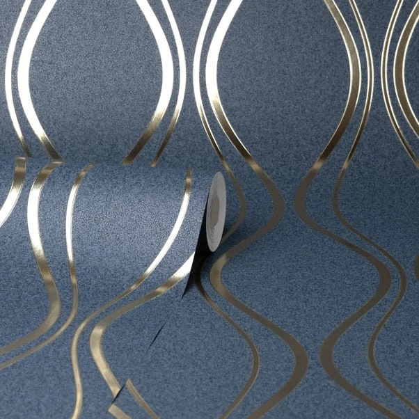 Platinum Rosco Foil Wave Navy Wallpaper - Image 3