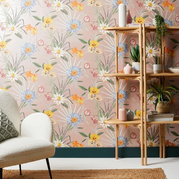 Dunelm Tropical Floral Blush Wallpaper
