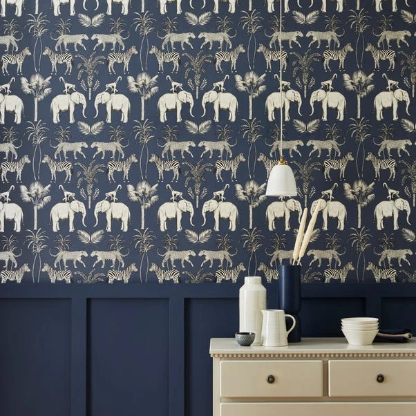 Dunelm Safari Walk Navy Wallpaper
