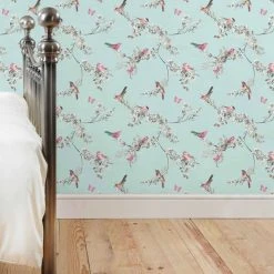Dunelm Beautiful Birds Duck Egg Wallpaper