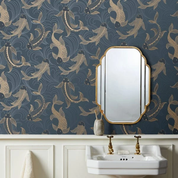 Dunelm Decorative Fish Navy Wallpaper
