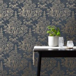 Dunelm Archive Pagoda Navy Wallpaper