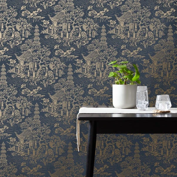 Dunelm Archive Pagoda Navy Wallpaper